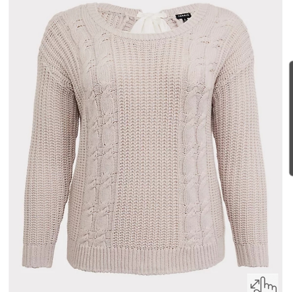 Torrid IVORY CABLE KNIT BACK SELF-TIE KEYHOLE SWEATER